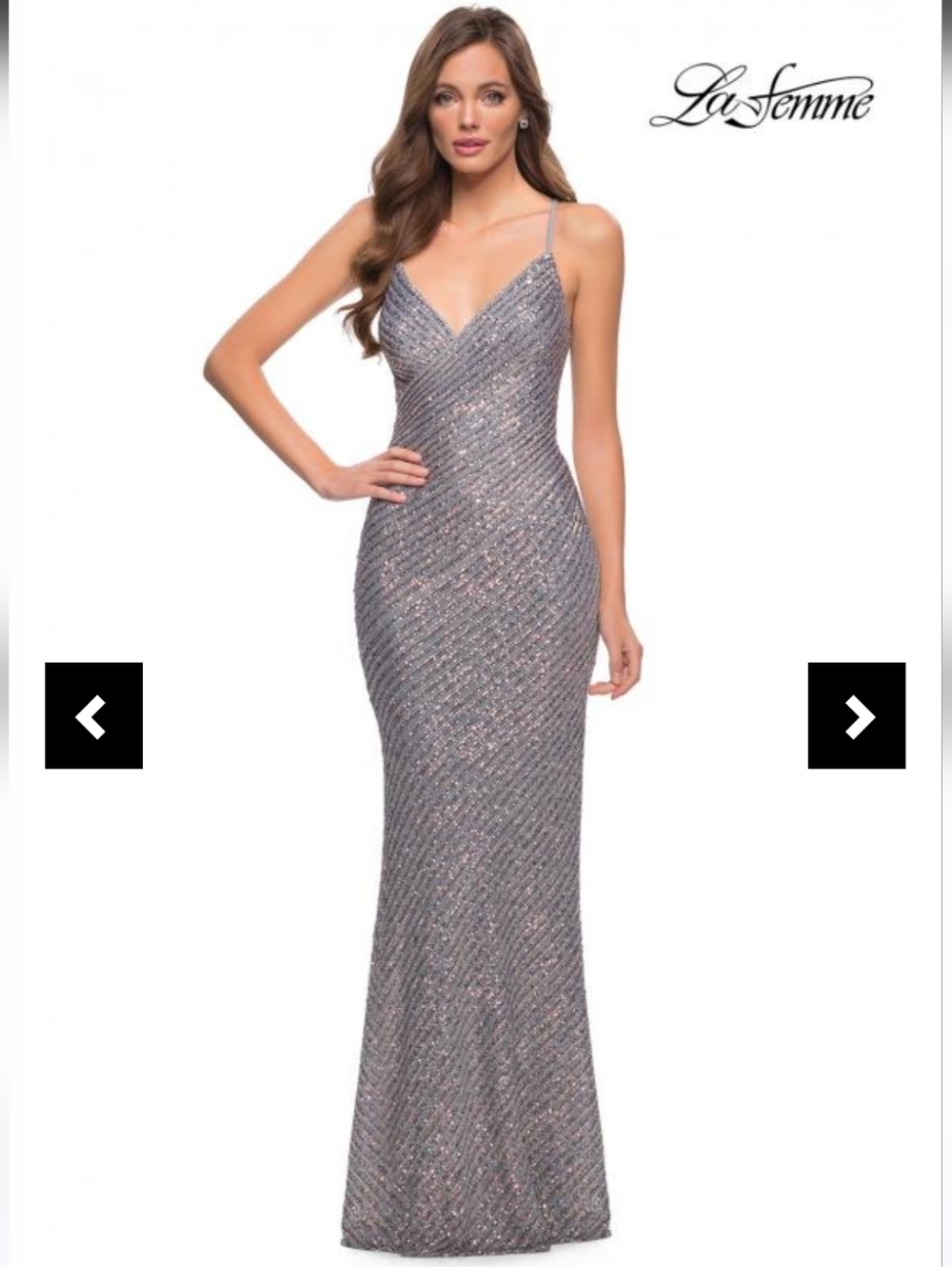 La Femme Elegant Sequined Lace Up Strappy Back Prom Gown Silver Sz 0